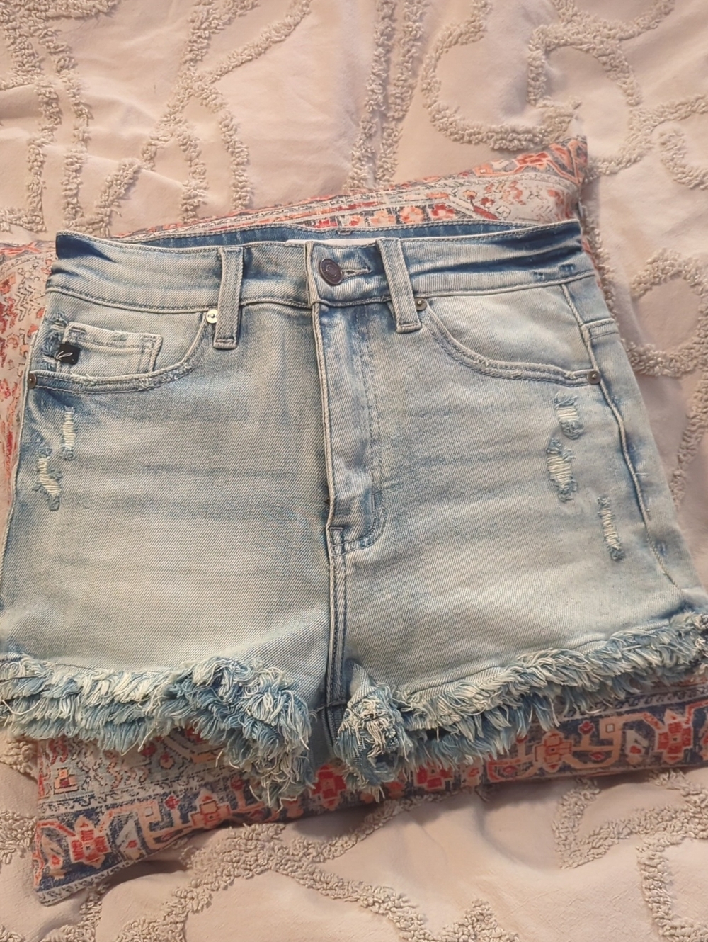 Kancan Light Blue Frayed Hem Denim Shorts - Women
